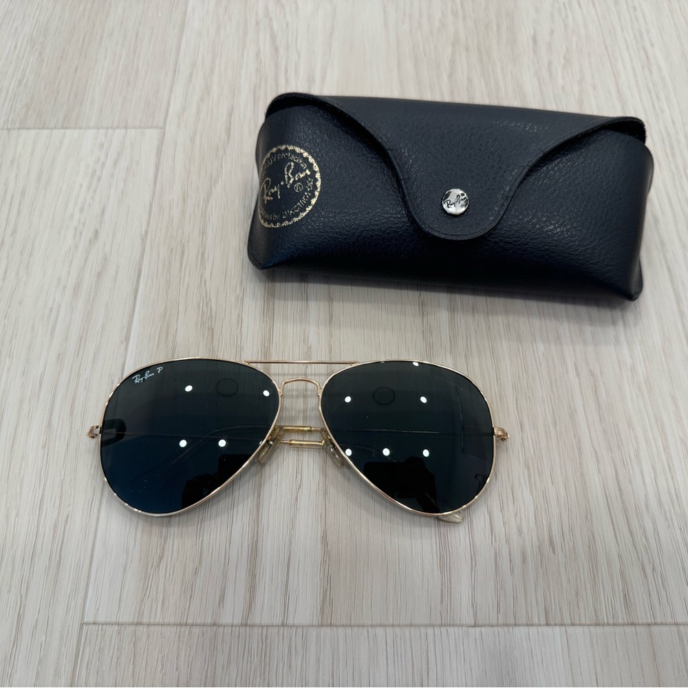 Ray-Ban RB 3025 Polished Arista Gold G-15 Green Aviator Large Metal POLARIZED